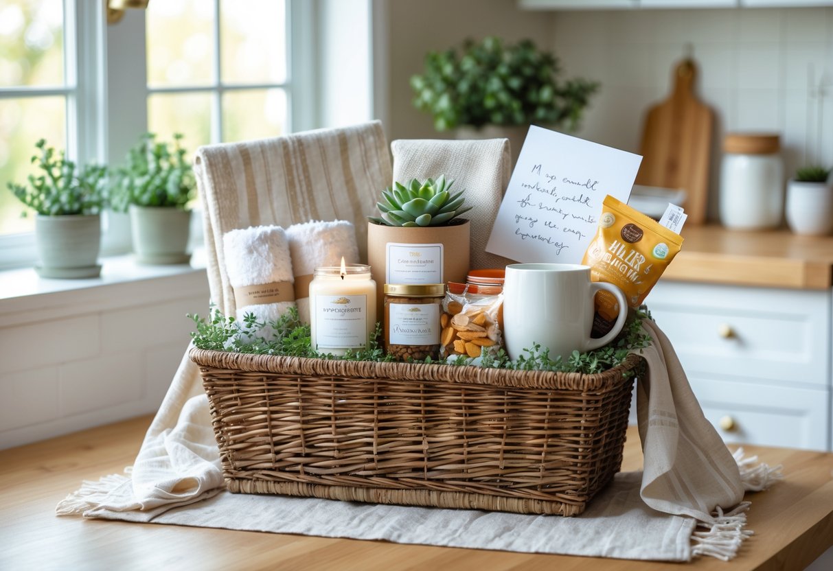 A gift basket filled with practical and unique items sitting on a kitchen countertop in a bright apartment.