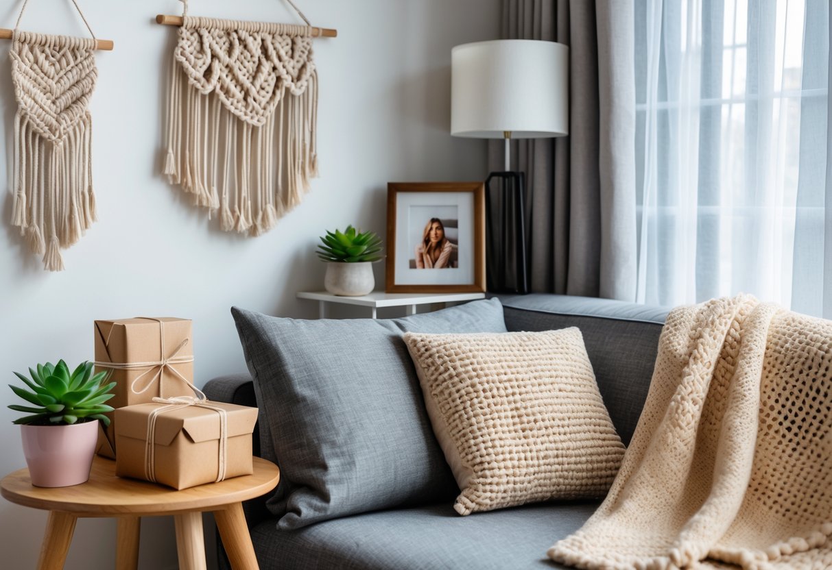 Cozy living room corner with handmade decorations, plants, wrapped gifts, and a comfortable sofa in a bright apartment.