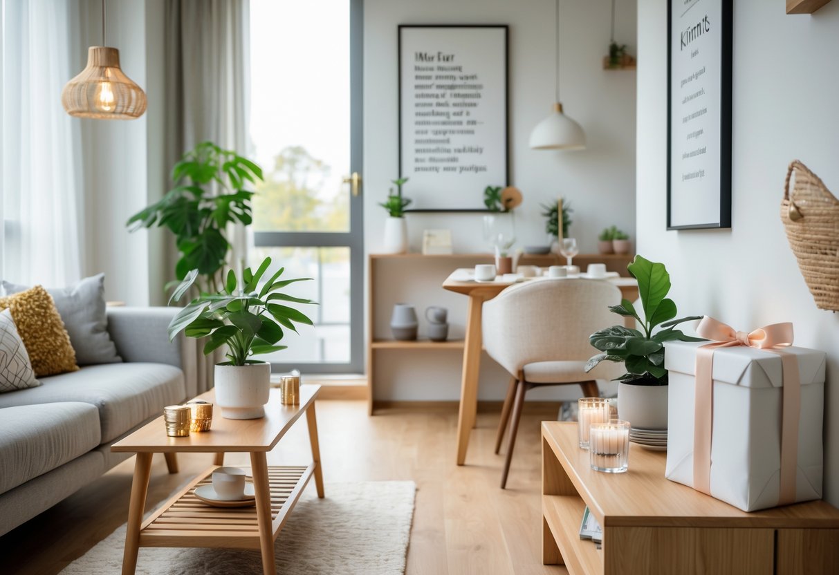 A cozy modern apartment interior with meaningful gifts arranged on a coffee table and shelves, including a potted plant, candles, and a wrapped gift box.