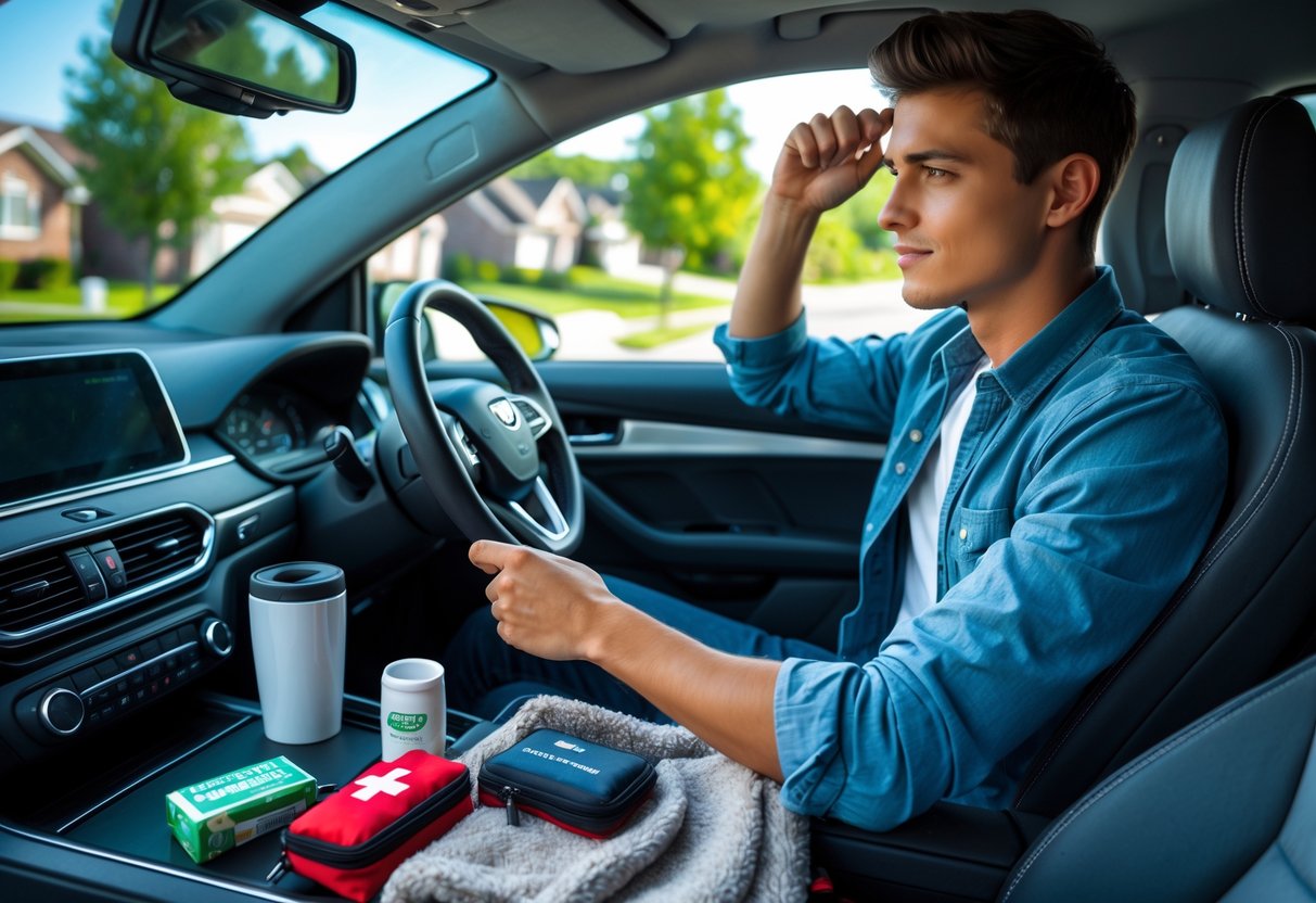 Young man inside a car adjusting the rearview mirror with thoughtful gifts on the passenger seat and a suburban neighborhood visible outside.