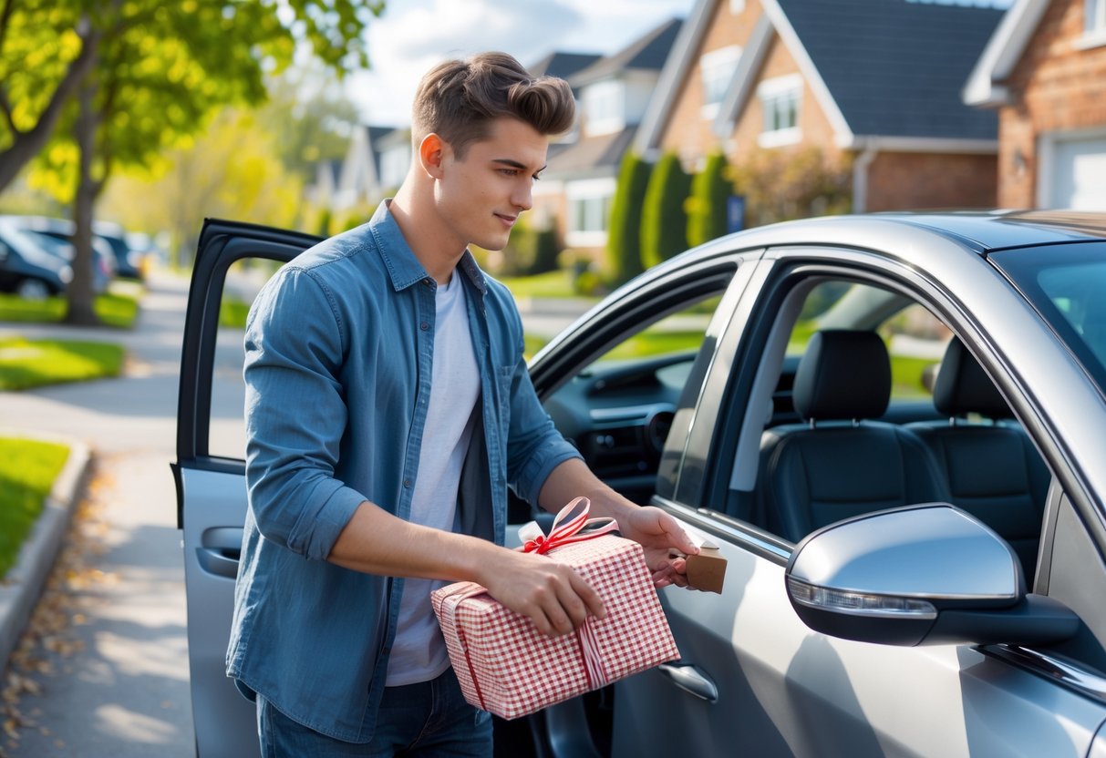 A young man standing next to an open car door, placing a gift inside, preparing for his first car journey on a sunny day in a neighborhood.