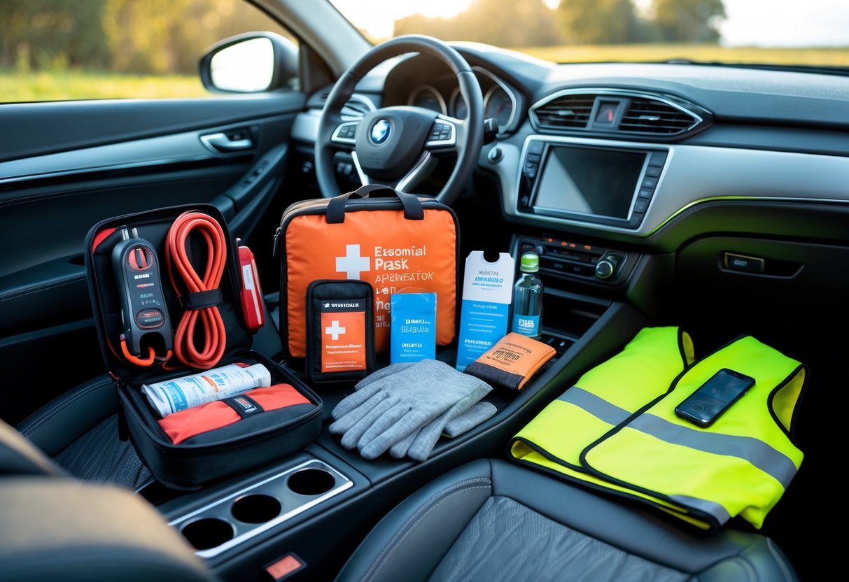 A collection of practical car journey gifts including an emergency kit, first aid kit, tire inflator, safety vest, travel blanket, water bottle, driving gloves, and phone mount arranged on a car seat.