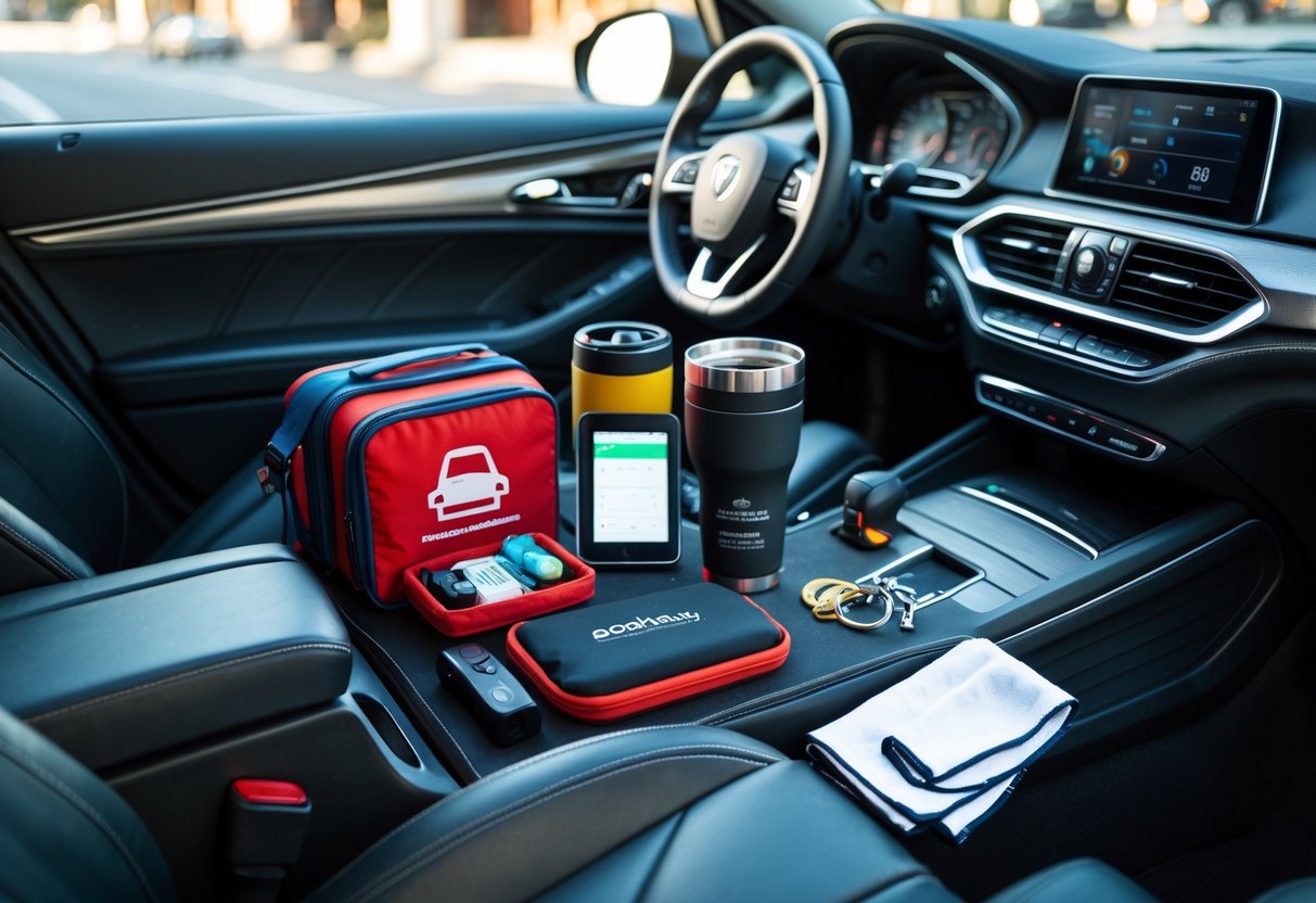 A collection of practical gifts for a man's first car journey arranged on the front passenger seat of a modern car.
