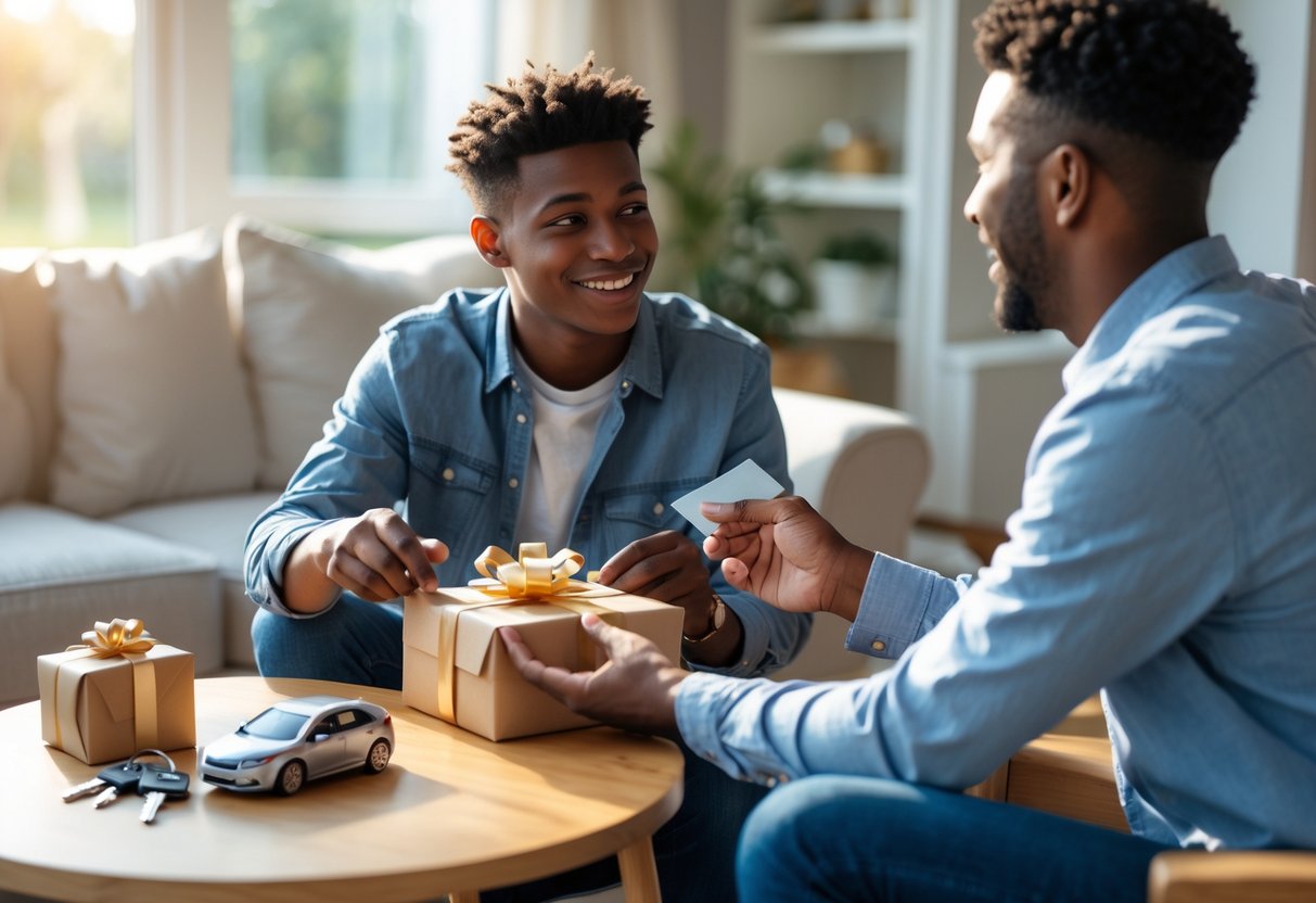 A young man receives a gift box and a gas gift card from an older person in a bright living room, with car keys on a table nearby.