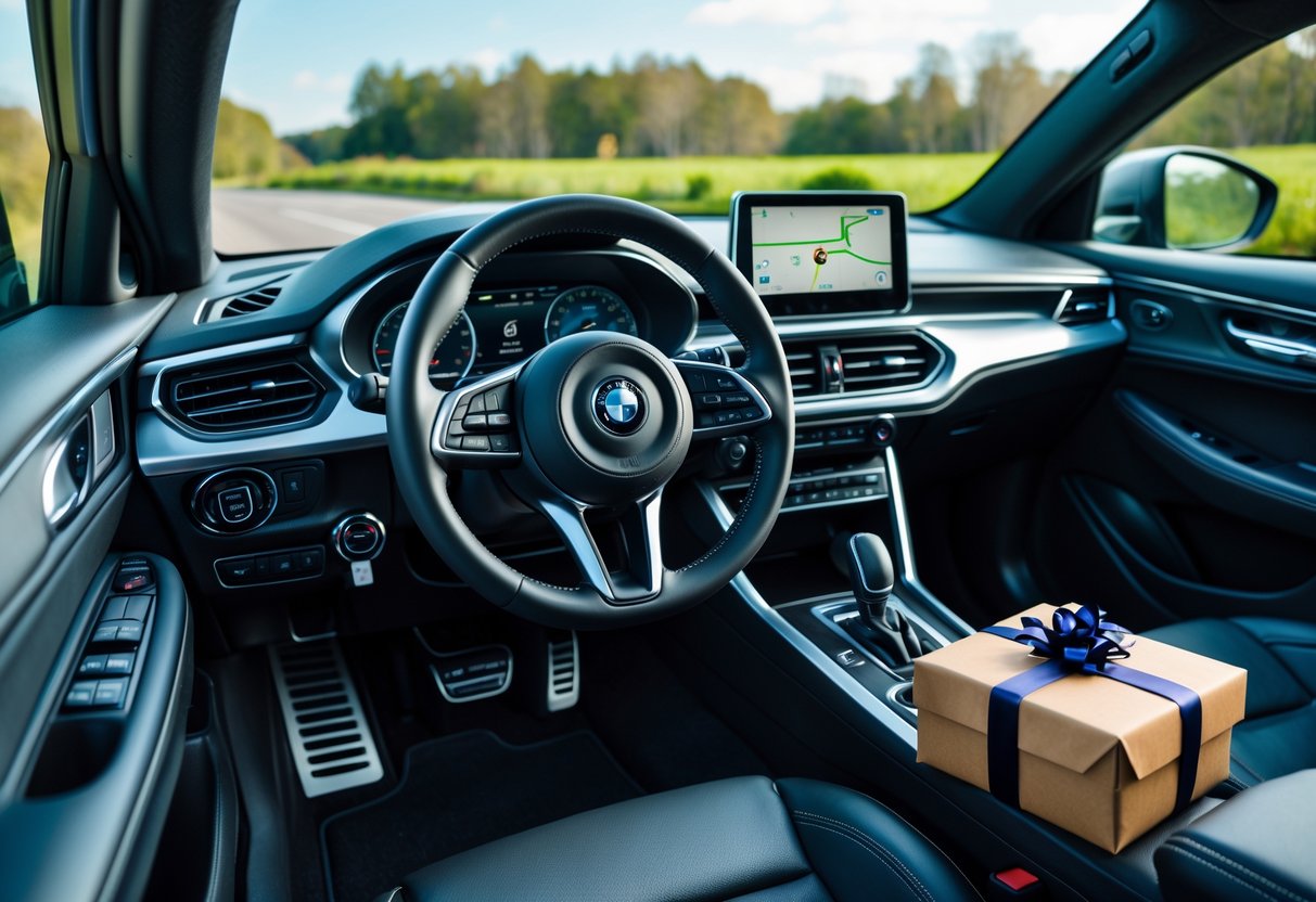 A new car interior with thoughtful gifts including a GPS device, leather keychain, emergency kit, travel mug, and a wrapped gift box on the passenger seat.