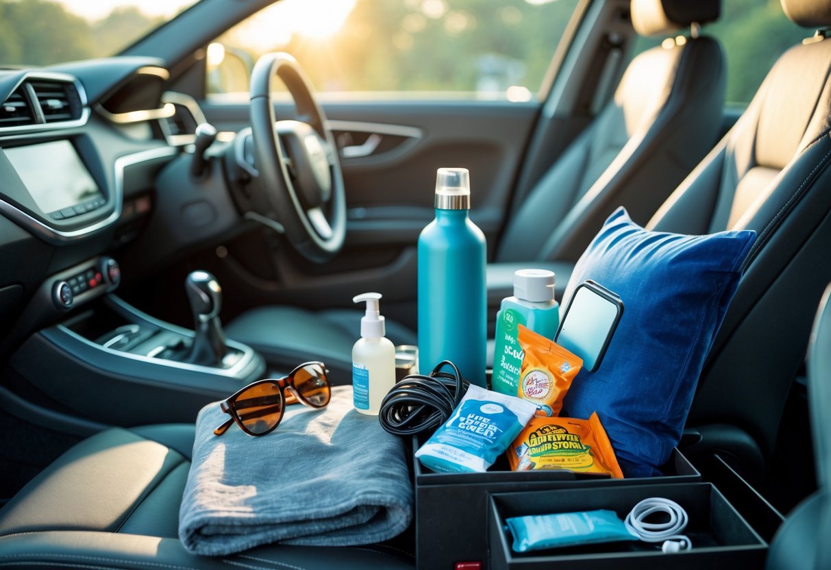 A car interior with a collection of comfort and personal care items arranged on the passenger seat, including a travel blanket, water bottle, travel pillow, sunglasses, hand sanitizer, wet wipes, earbuds, charger cable, and snacks.
