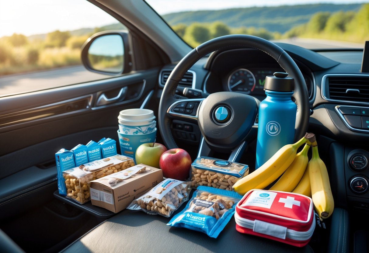Snacks and refreshments arranged inside a car, including water, nuts, fruit, and a travel mug, ready for a first car journey.