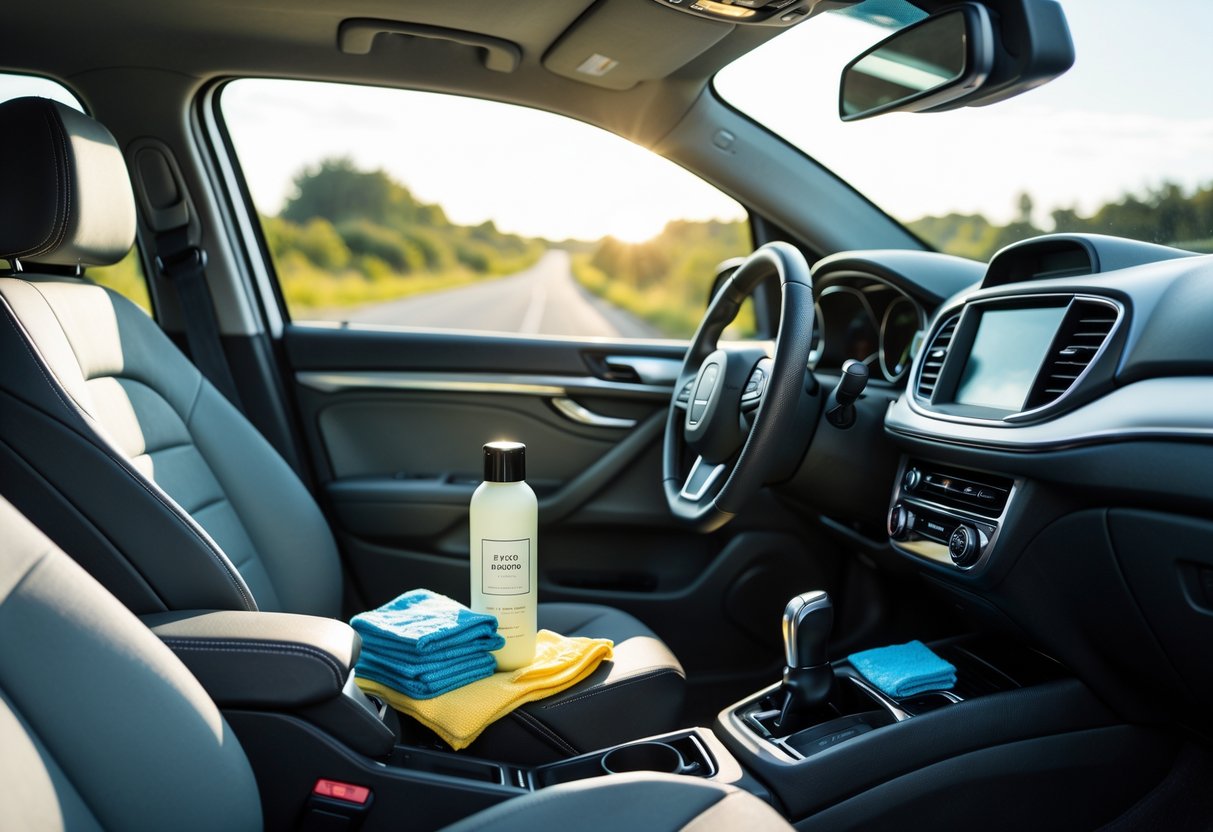 Car interior with clean seats and thoughtful gift items like an air purifier, travel mug, air freshener, cleaning cloths, and portable vacuum arranged neatly for a first car journey.