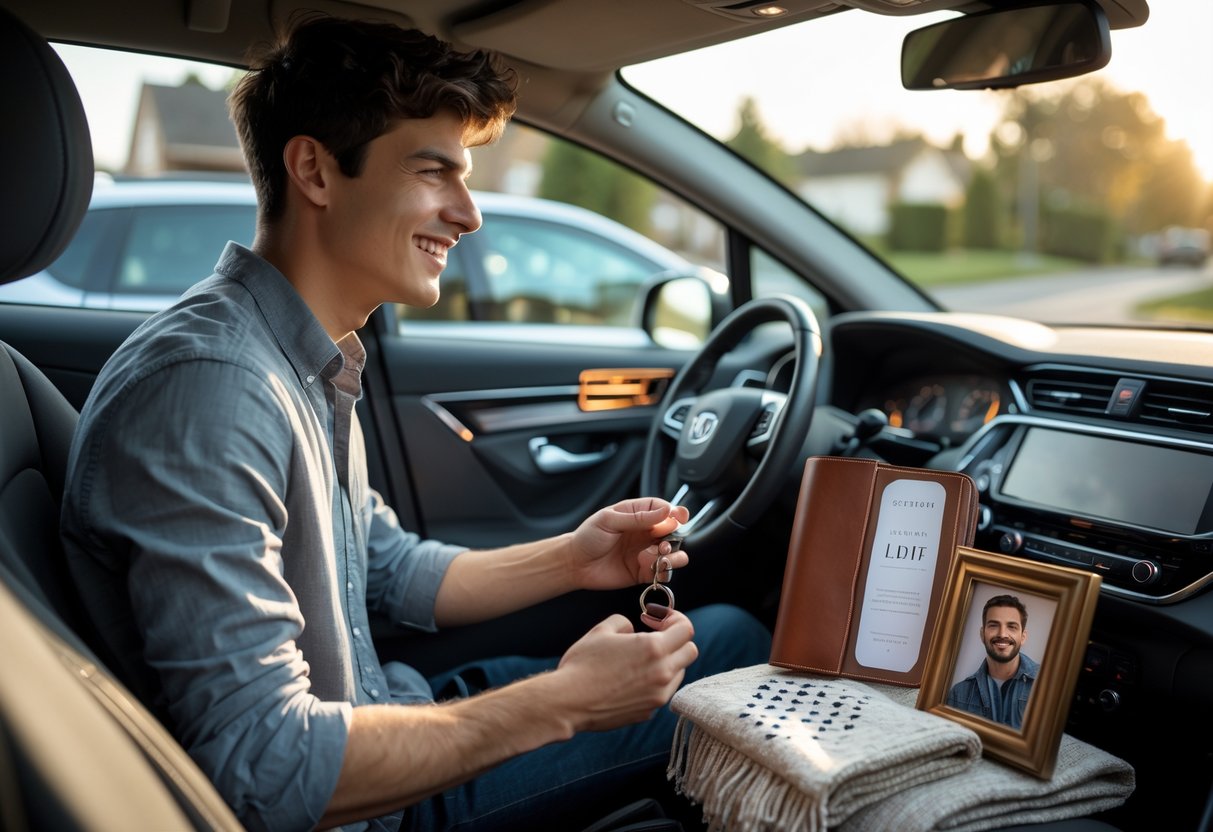 A young man inside a car holding keys and looking at personalized gifts on the passenger seat before starting his first car journey.