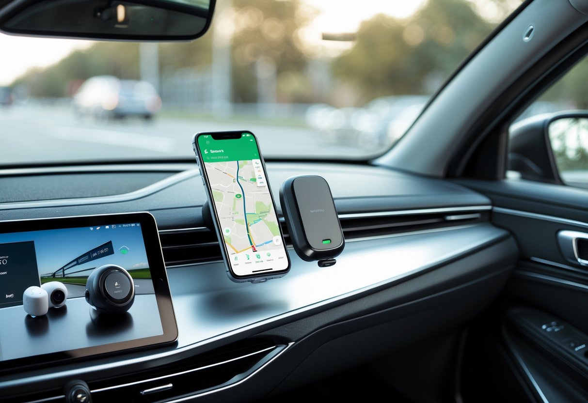 A car interior with modern tech gadgets like a smartphone on the dashboard, wireless charger, smart key fob, earbuds, and dashcam arranged neatly inside.