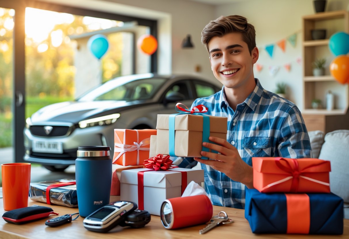 A young man smiling in a living room holding a wrapped gift, with a car visible in an open garage and various thoughtful gifts on a table nearby.