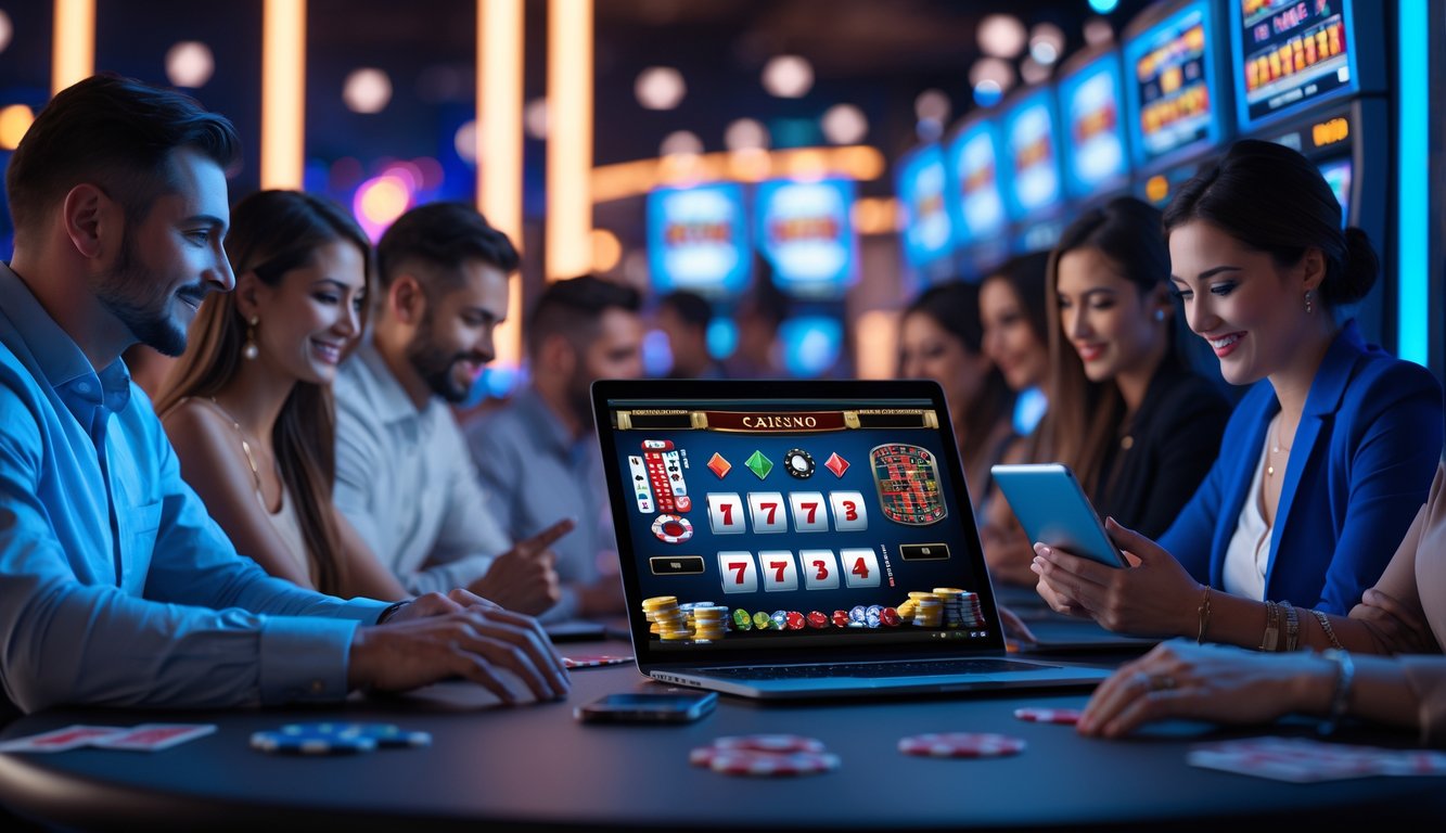 Orang-orang menggunakan perangkat digital untuk bermain permainan kasino online di lingkungan yang modern dan menarik.