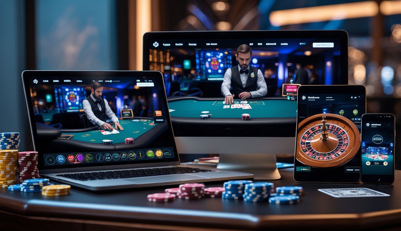 Beberapa perangkat digital menampilkan dealer kasino secara langsung dengan kartu dan chip di atas meja kayu.