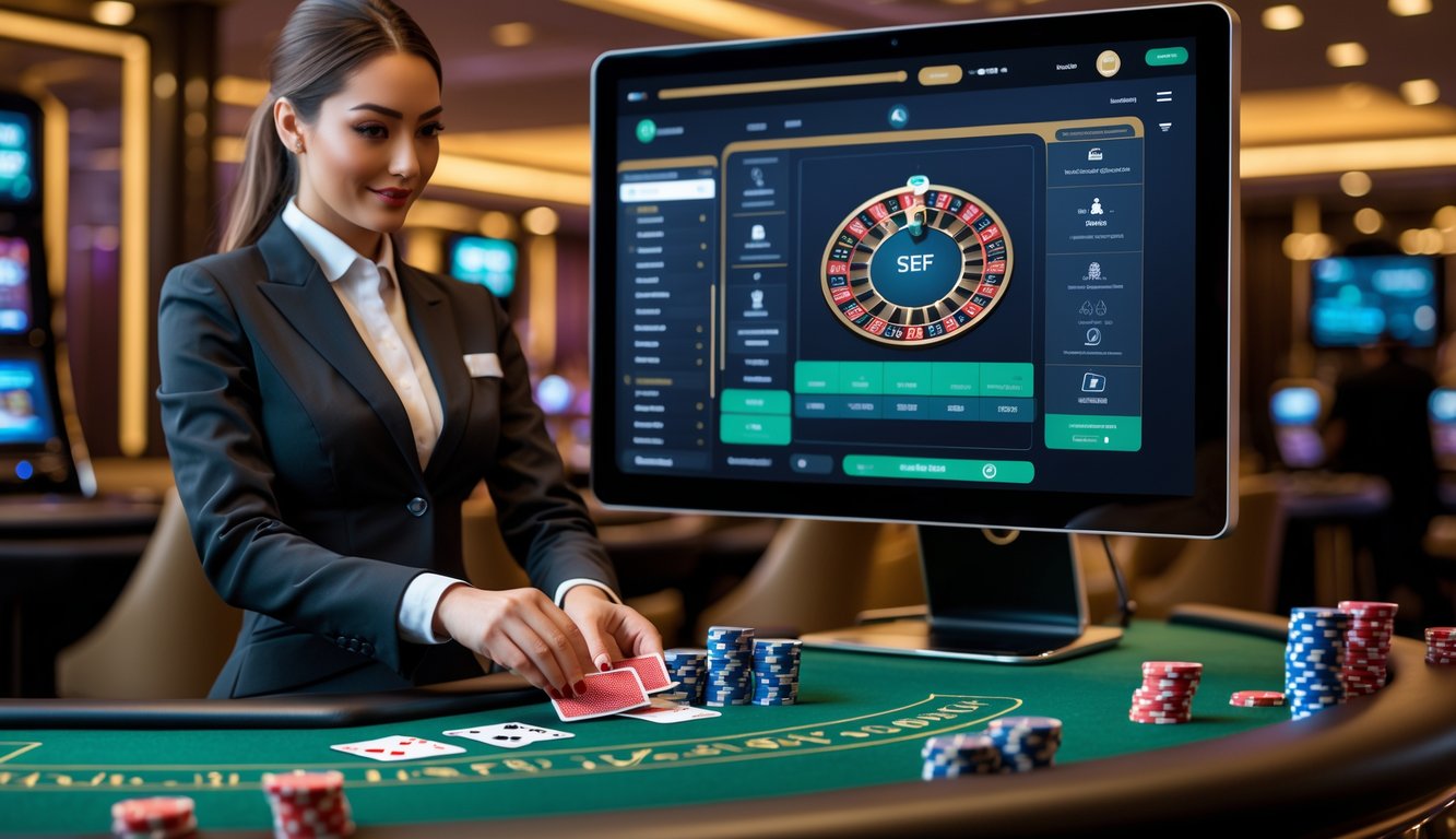 Seorang dealer profesional sedang membagikan kartu di meja kasino dengan layar komputer dan ponsel yang menampilkan platform judi online.