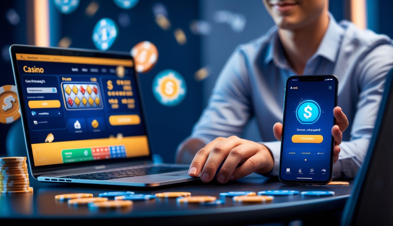 Seseorang duduk di depan laptop dengan tampilan permainan kasino online dan ponsel yang menunjukkan aplikasi pembayaran cepat.