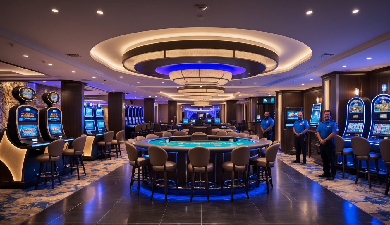 Interior kasino modern yang mewah dengan meja permainan, mesin slot digital, staf yang ramah, dan petugas keamanan yang mengawasi area.