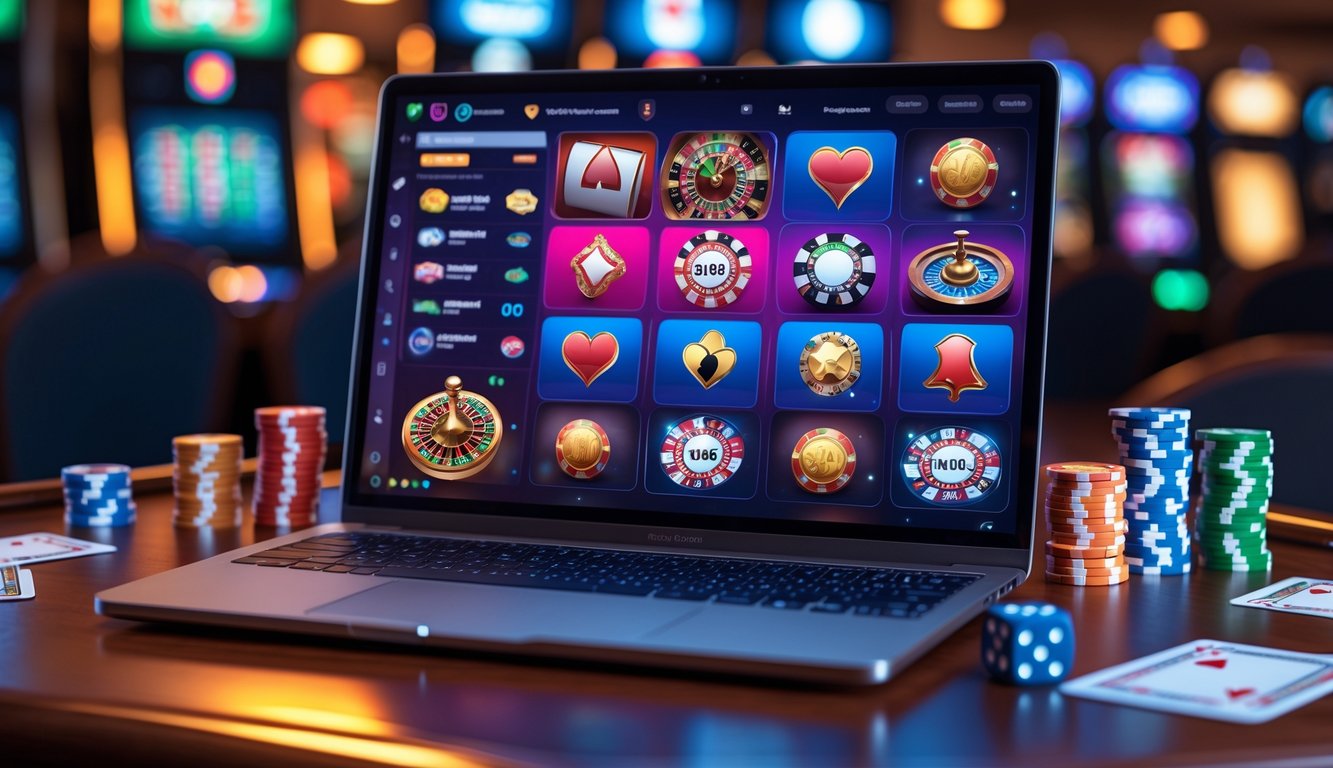 Sebuah laptop menampilkan layar permainan kasino online dengan chip poker dan kartu di atas meja kayu.