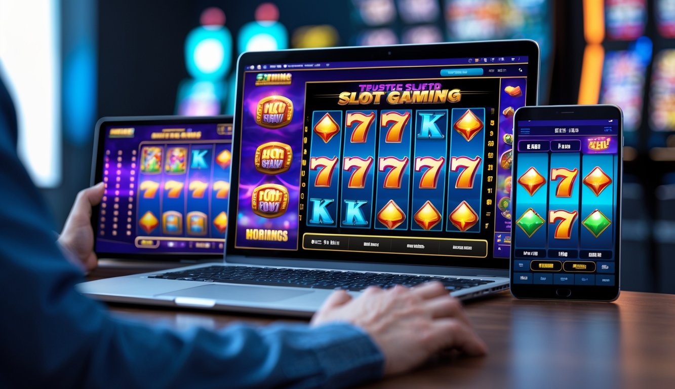 Seorang pengguna sedang berinteraksi dengan beberapa perangkat yang menampilkan permainan slot online berwarna-warni dalam suasana modern dan nyaman.