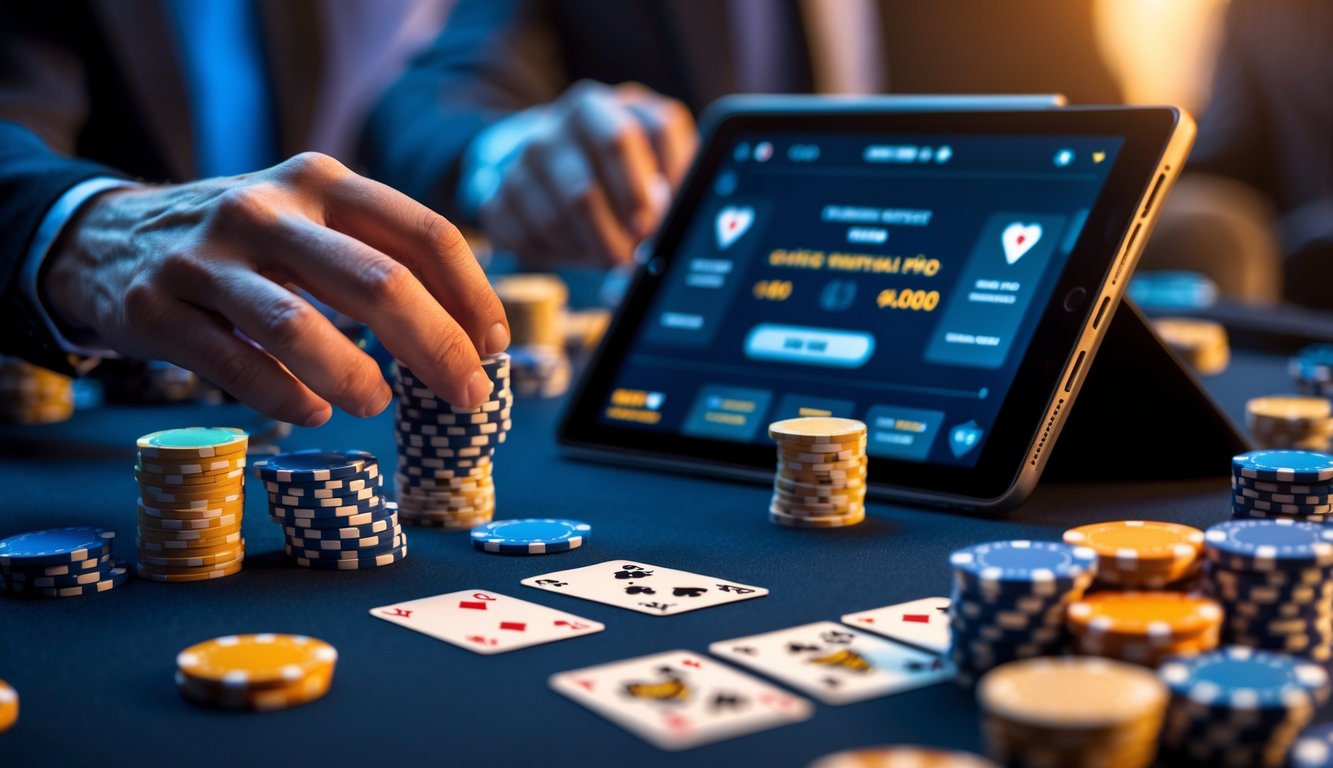 Meja poker modern dengan tumpukan chip dan kartu, serta perangkat digital yang menampilkan permainan poker, menciptakan suasana turnamen poker online yang menarik.