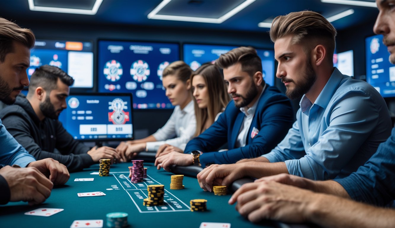 Sekelompok pemain poker profesional sedang bermain poker online di ruangan modern dengan layar komputer dan tumpukan chip di meja.