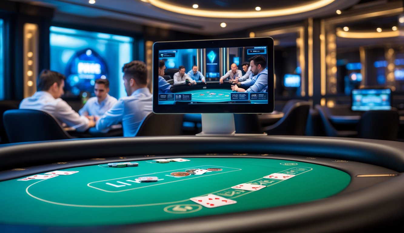 Meja poker digital dengan beberapa pemain terlihat di layar, suasana ruangan gelap dengan pencahayaan hangat dan modern.