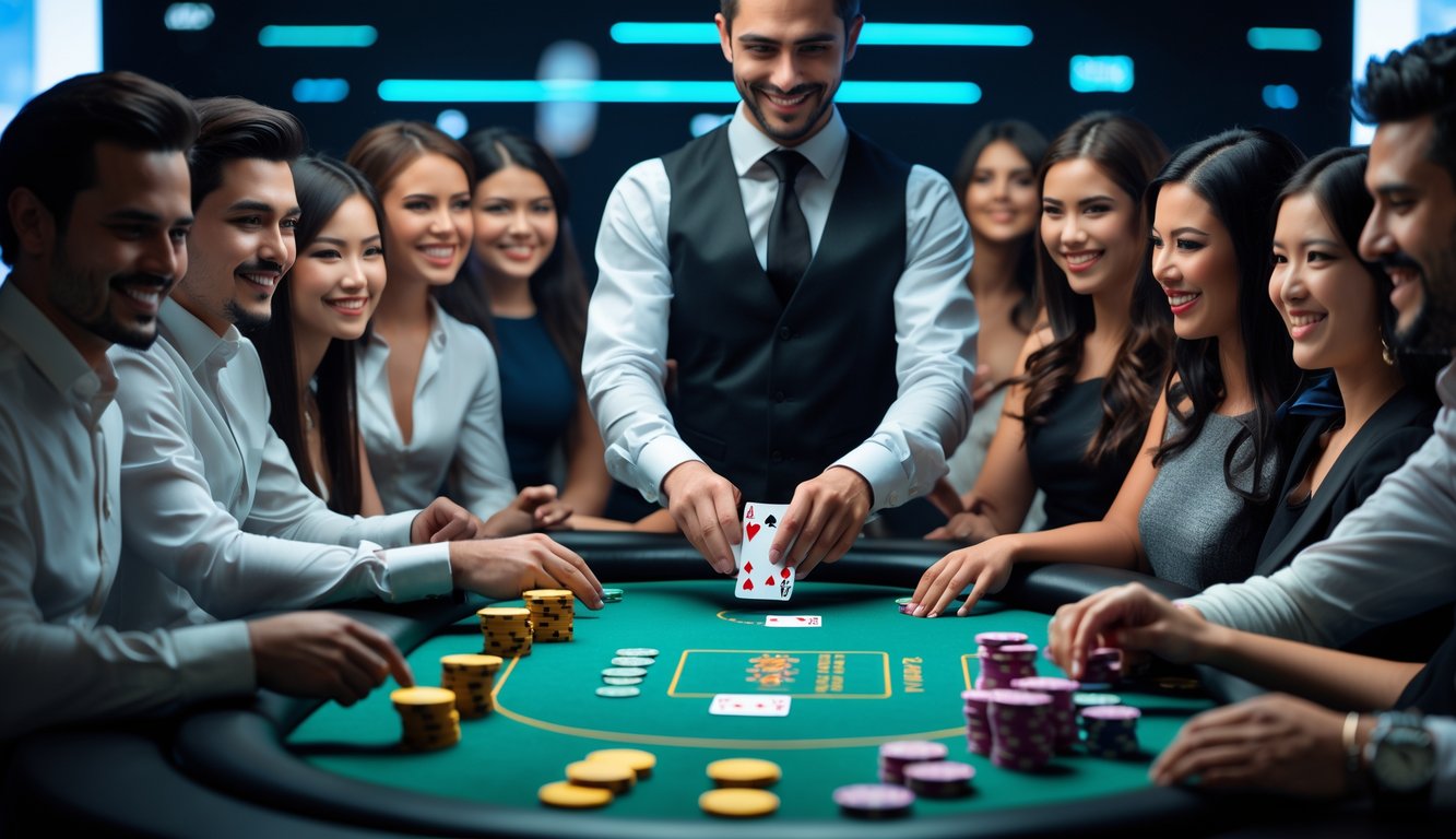 Meja poker dengan pemain yang fokus dan dealer membagikan kartu dalam suasana permainan yang menyenangkan.