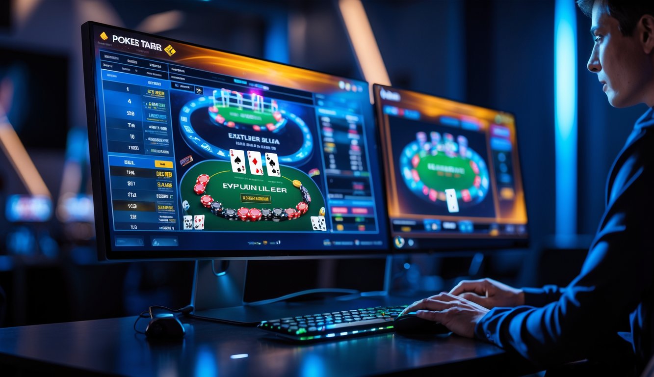 Seseorang sedang bermain poker online di depan komputer dengan beberapa meja poker dan opsi taruhan yang berbeda di layar.