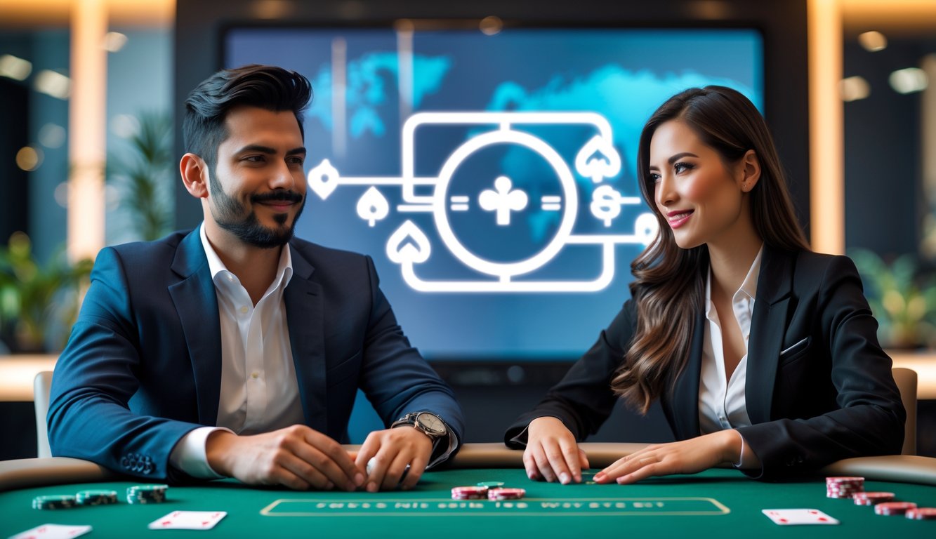 Dua orang bermain poker di meja poker modern dengan suasana terang dan nyaman, menunjukkan kepercayaan dan keamanan.