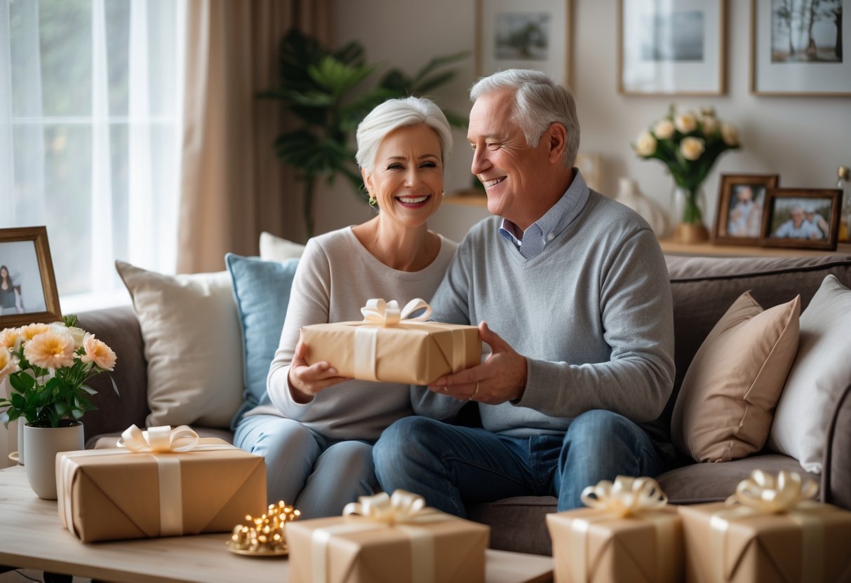 A middle-aged couple sitting on a sofa exchanging gifts in a cozy living room with family photos and soft natural light.