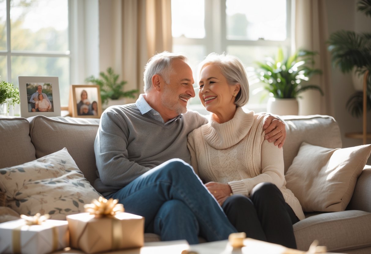 A middle-aged couple sitting together on a sofa in a cozy living room, smiling and sharing a heartfelt moment with wrapped gifts on a nearby table.