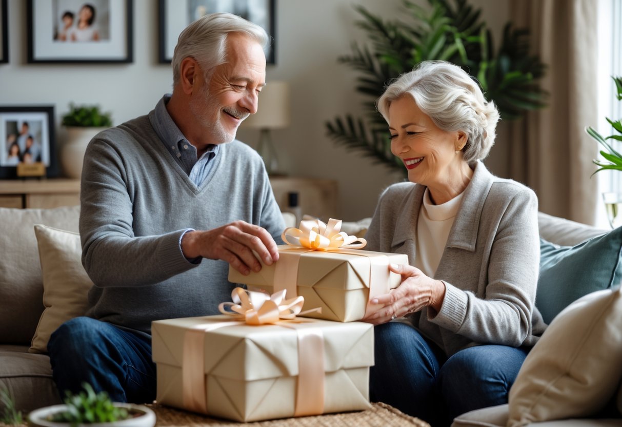 A middle-aged couple exchanging gifts in a cozy living room, smiling warmly at each other.