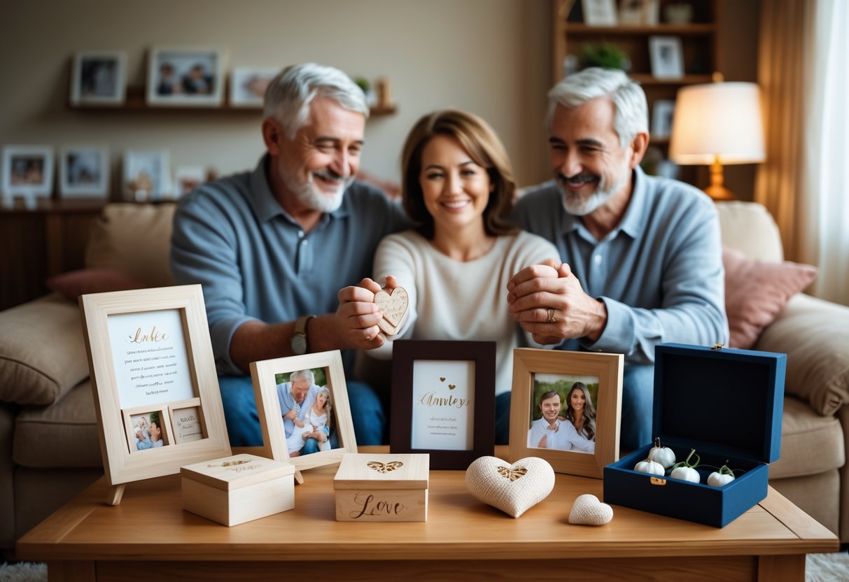 A middle-aged couple holding hands near a coffee table with personalized keepsakes and mementos in a cozy living room.