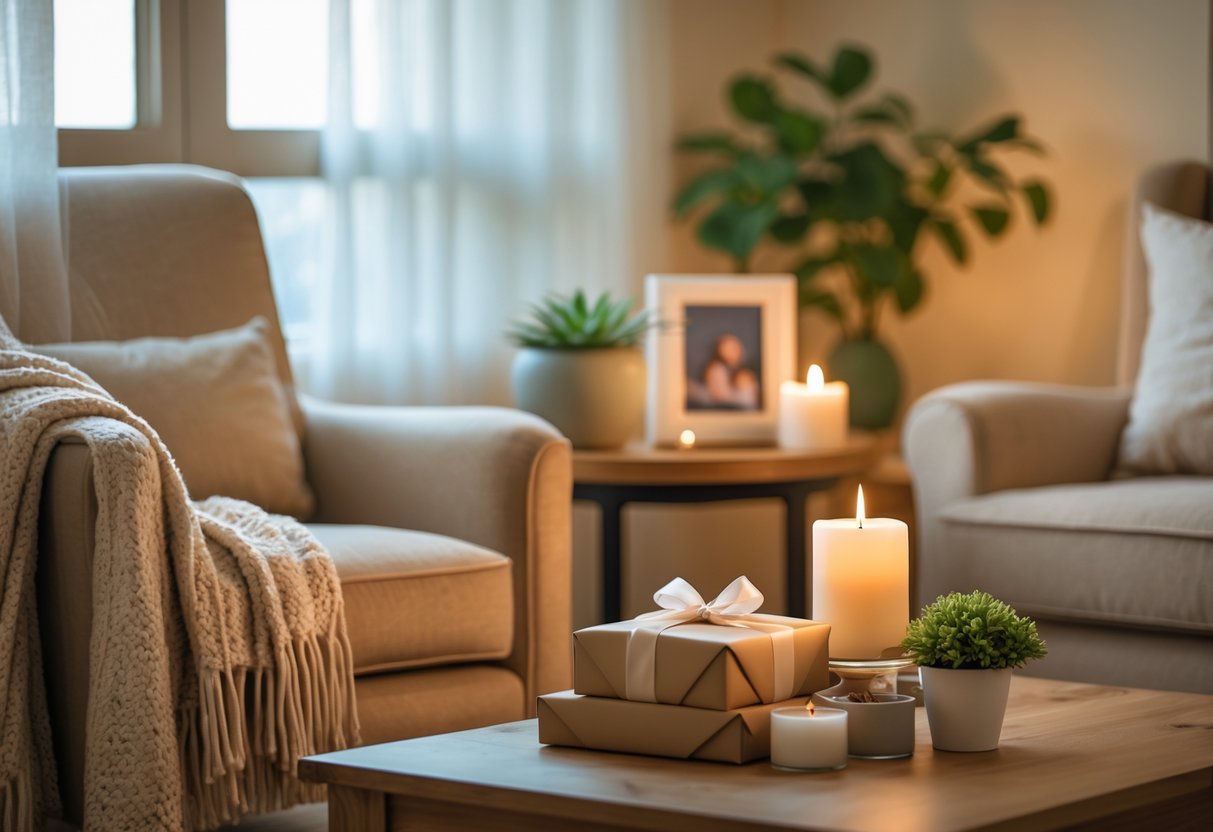 A cozy living room with an armchair, a throw blanket, a cup of tea, a lit candle, a wrapped gift box, a potted plant, and a framed photo on a coffee table.