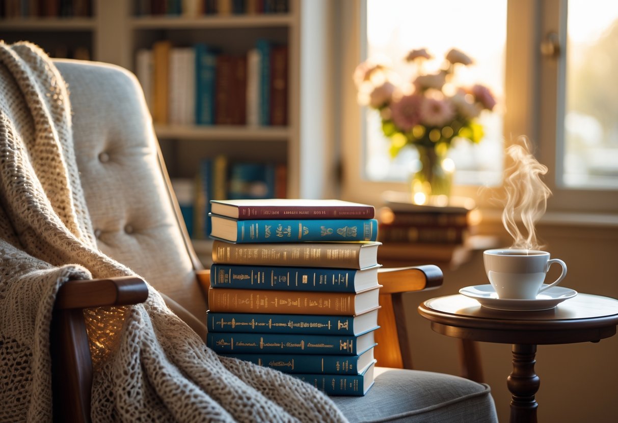 Cozy reading nook with a stack of books, an armchair with a blanket, a side table with a cup of tea, and a sunlit bookshelf in the background.