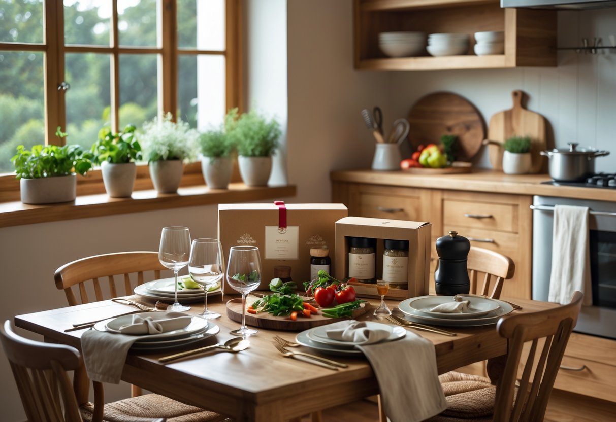 A cozy kitchen and dining table set for two with cooking gifts and fresh ingredients, conveying warmth and togetherness.
