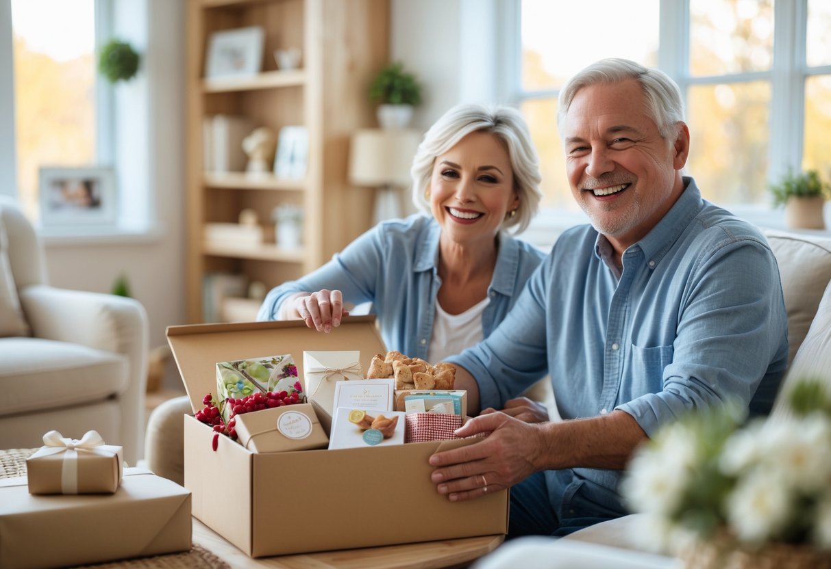 A middle-aged couple happily unpacking a gift box in a cozy living room filled with warm natural light.