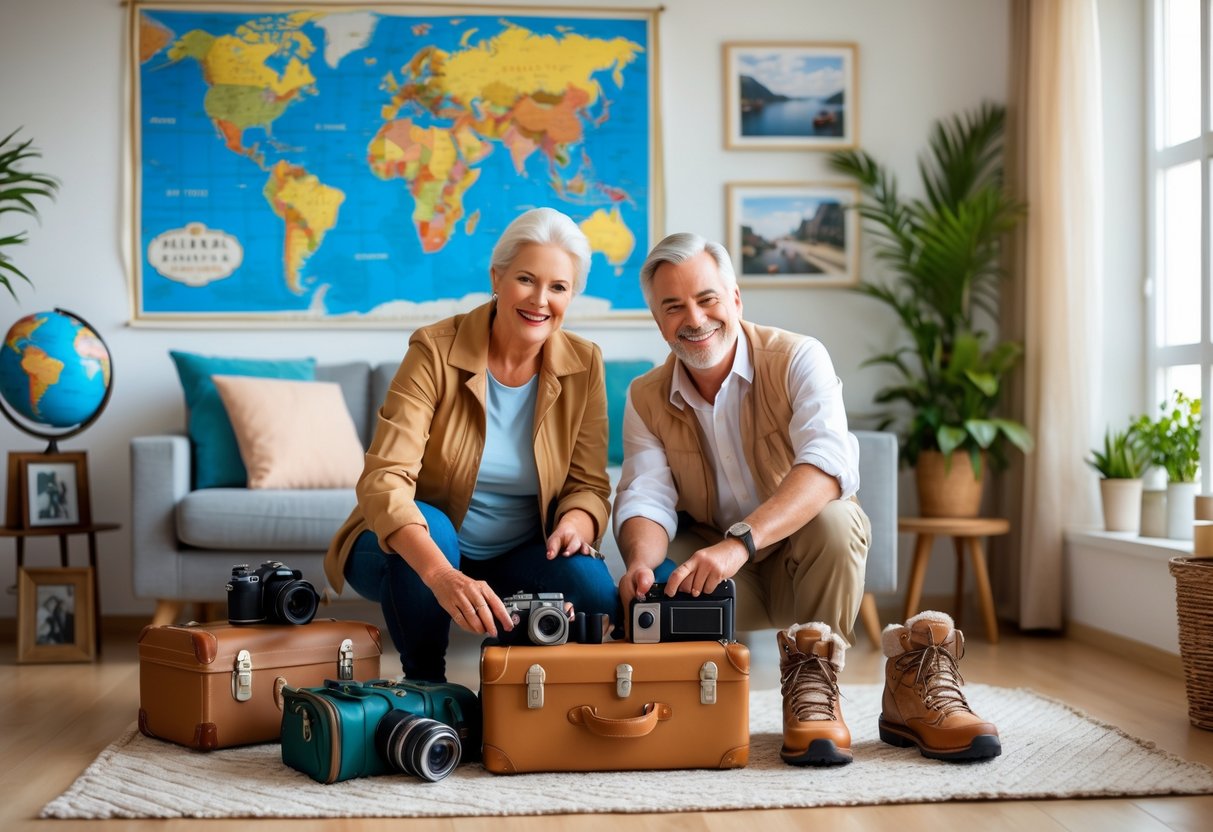 A mature couple happily packing travel items in a bright living room filled with travel accessories and decorations.