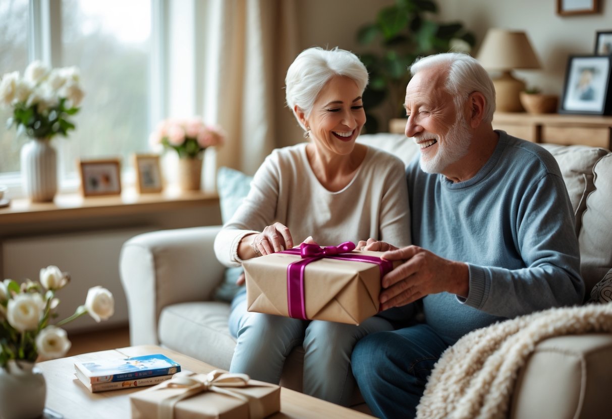 An older couple happily opening a gift together in their cozy living room filled with family photos and sunlight.