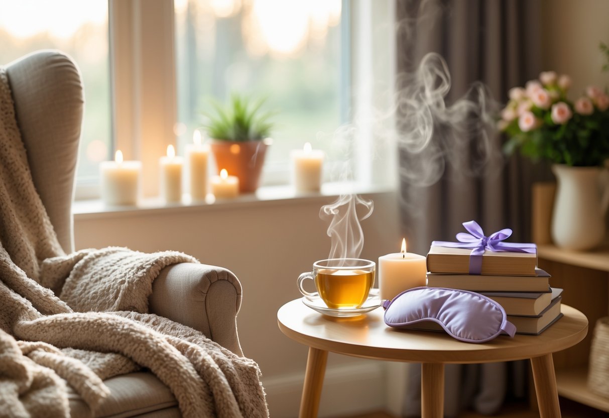 A cozy living room with an armchair, a side table holding candles, tea, books, a plant, and an eye mask, bathed in soft natural light.