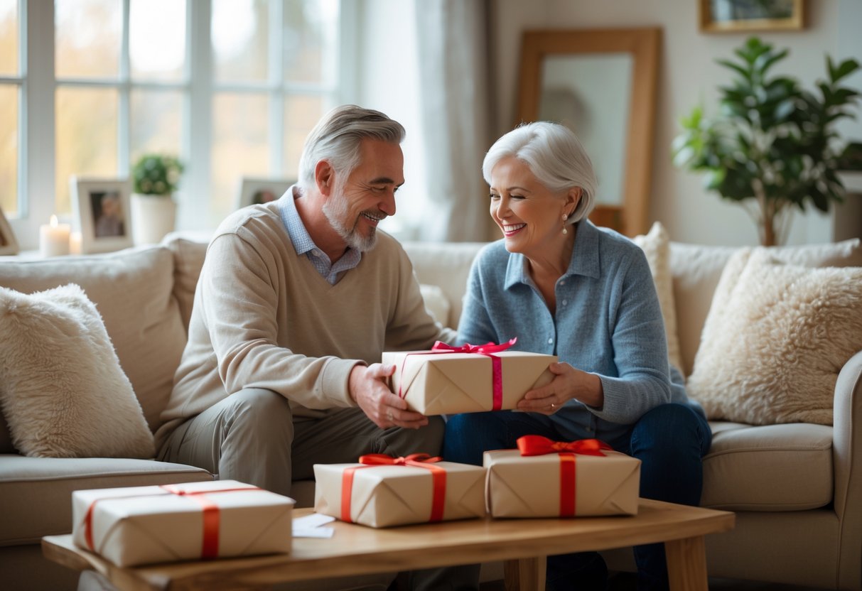 A middle-aged couple sitting on a sofa exchanging gifts in a cozy living room.