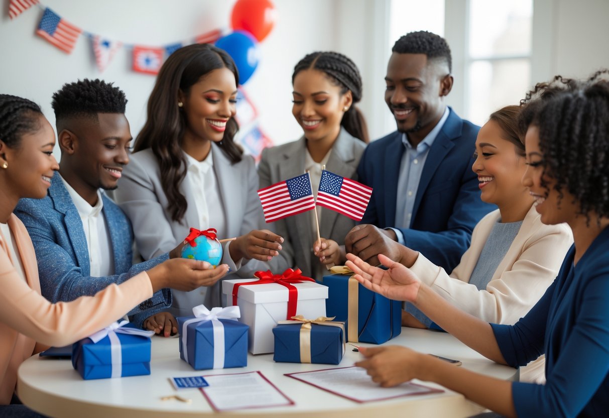 A group of people celebrating new citizenship by exchanging symbolic gifts around a decorated table indoors.