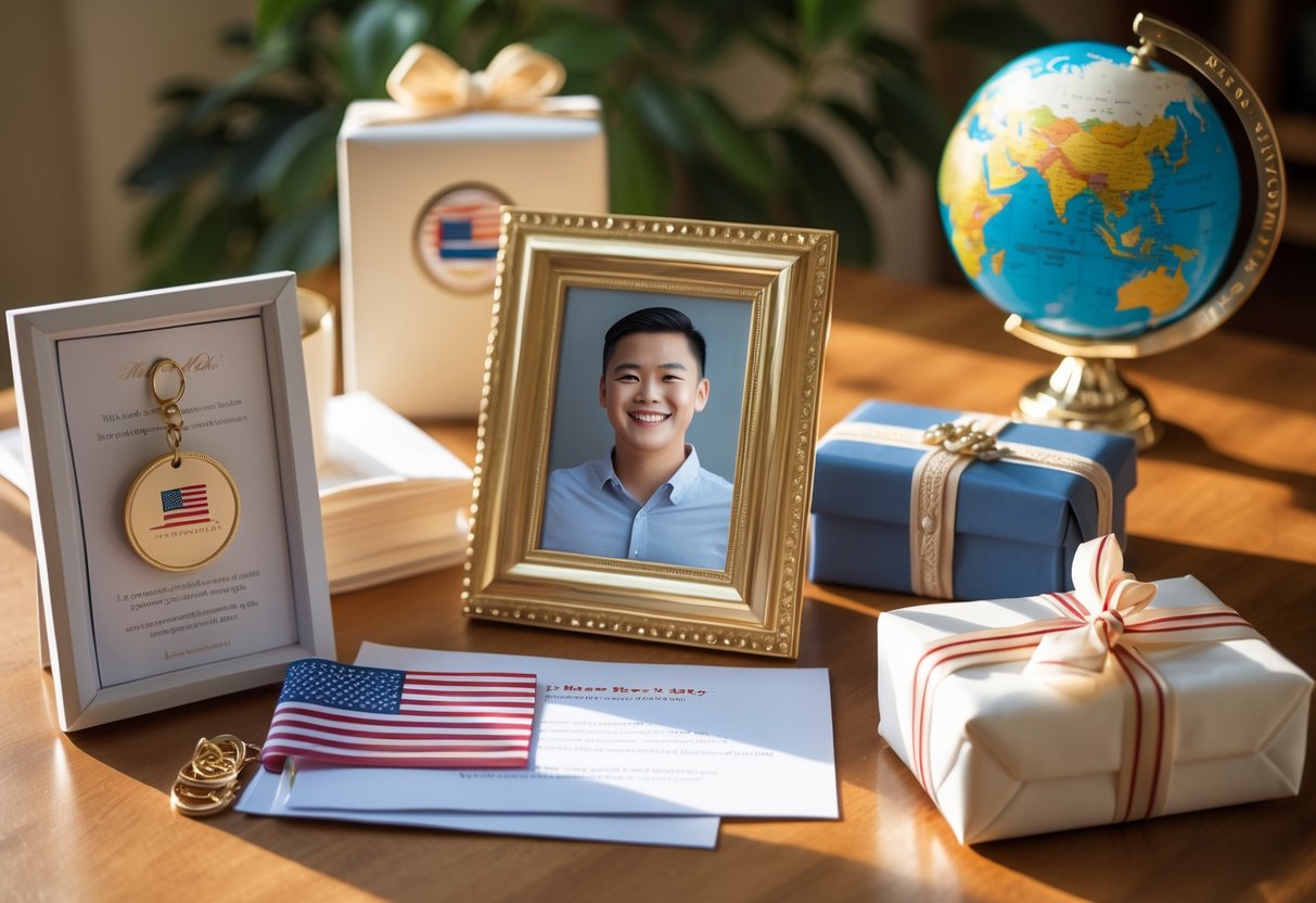 A table displaying personalized gifts including a keychain, photo frame, globe, and wrapped box, with a celebratory cake and documents in the background.