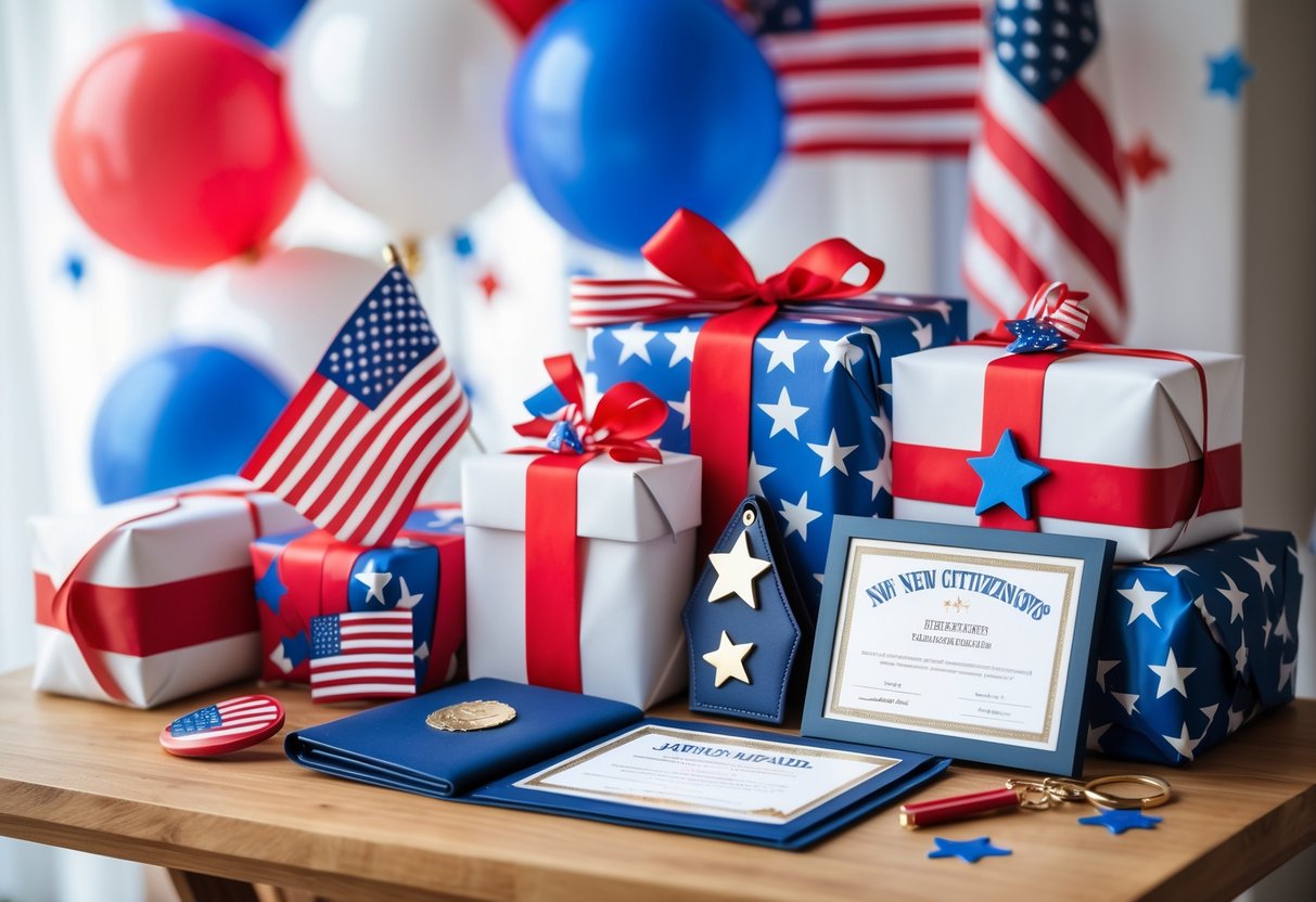 A table with patriotic gifts including wrapped presents, a small American flag, a star-shaped keychain, and a passport holder celebrating new citizenship.