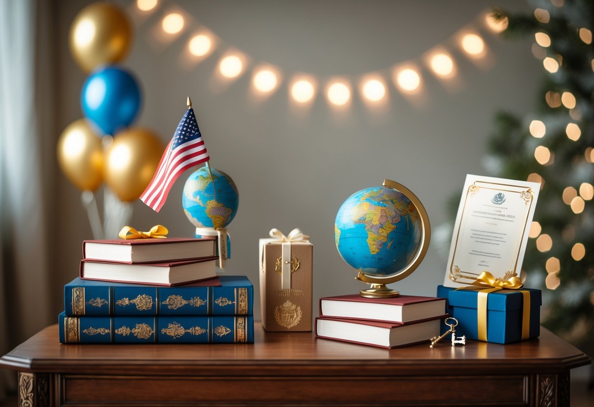 A table displaying commemorative books, a globe, certificates, and symbolic gifts for a new citizenship celebration with festive decorations in the background.