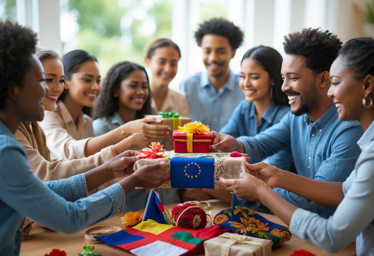 A group of people exchanging symbolic gifts celebrating new citizenship and cultural heritage around a table.