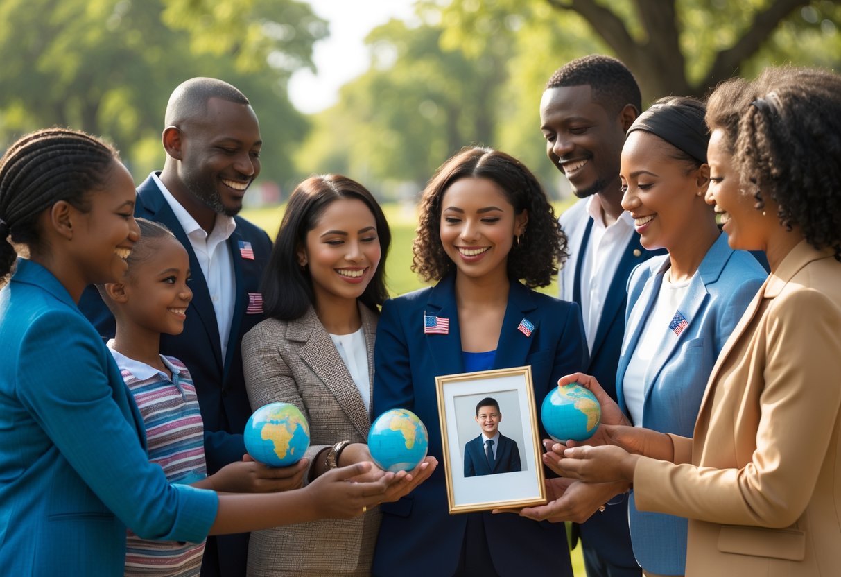 A diverse group of people outdoors exchanging symbolic gifts and celebrating new citizenship with smiles and happiness.