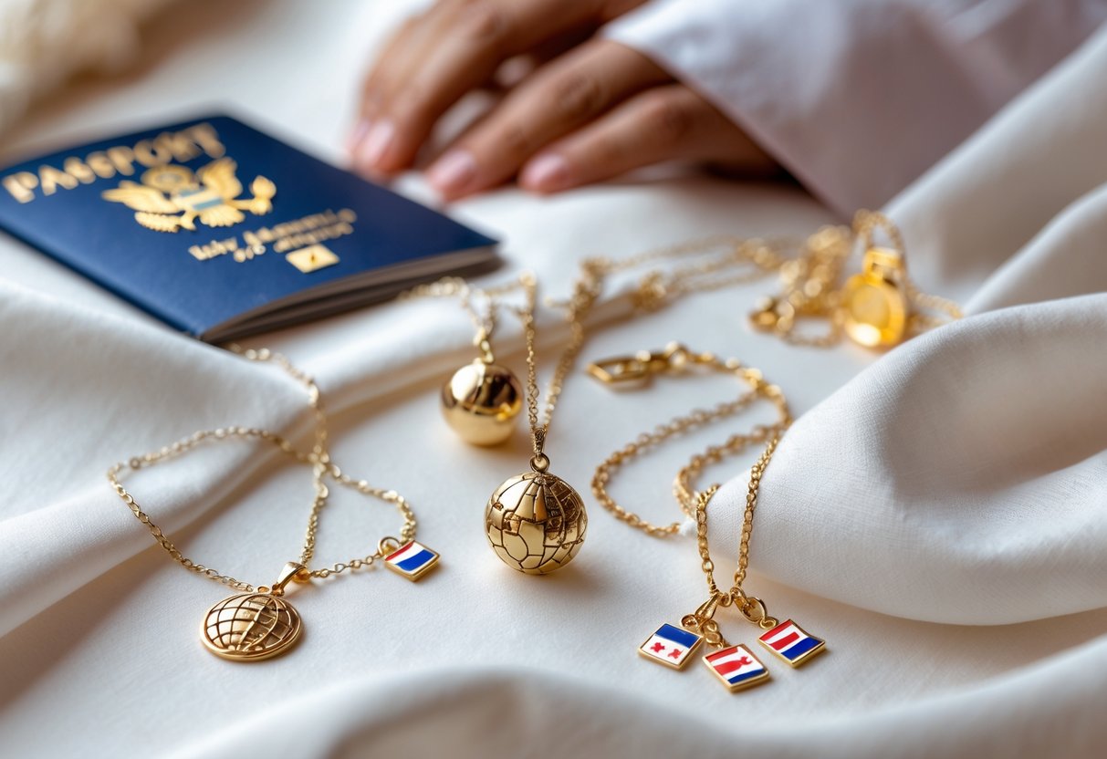 Close-up of symbolic jewelry pieces arranged on white fabric, with a blurred person holding a passport and flag in the background.