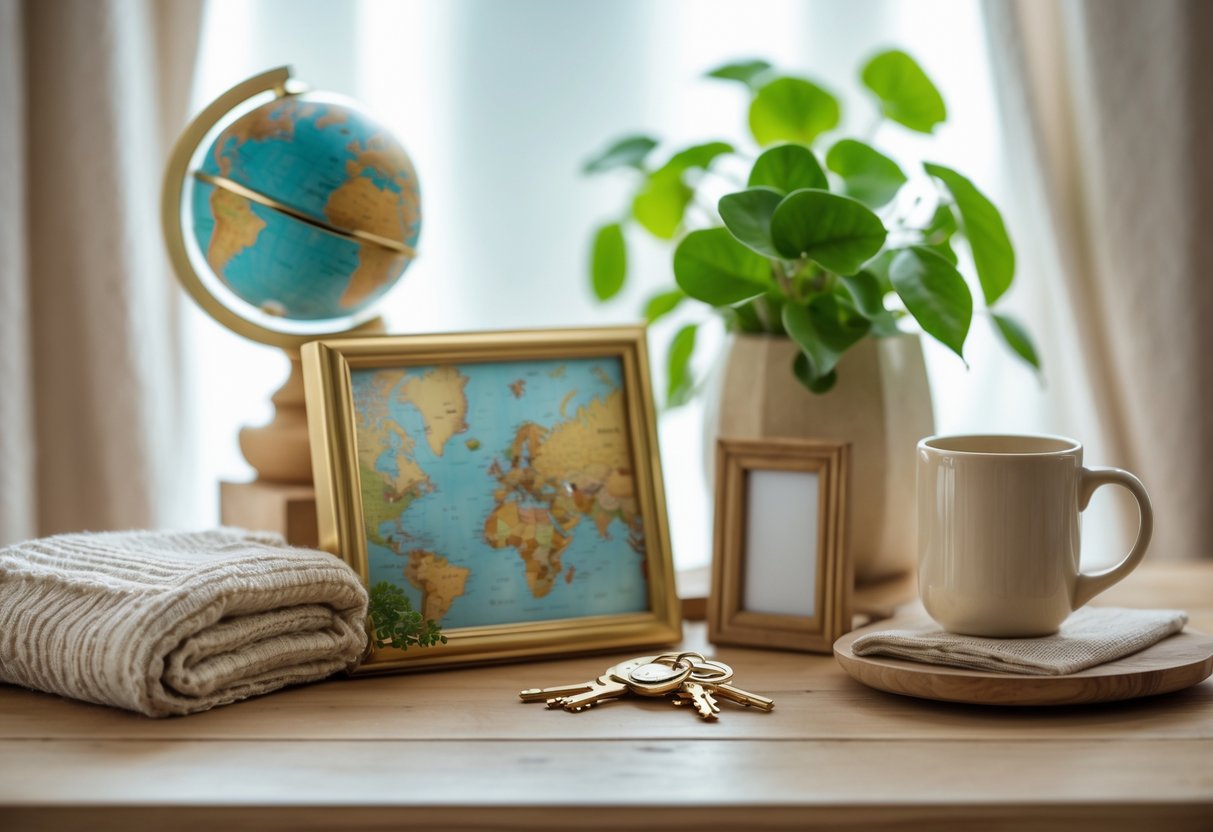 An arrangement of home decor and daily use items including a globe, framed map, keys, blanket, mug, and plant on a wooden table.