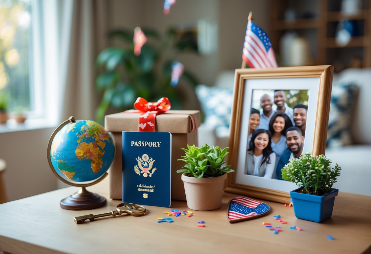 A table displaying symbolic gifts for a new citizenship celebration, including a globe, key with ribbon, passport holder, potted plant, and a framed photo of smiling people, with a cozy home background.