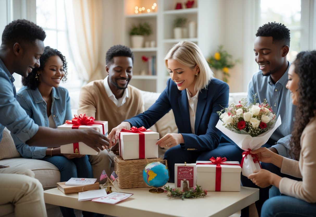 People exchanging thoughtful gifts in a cozy room decorated for a citizenship celebration.